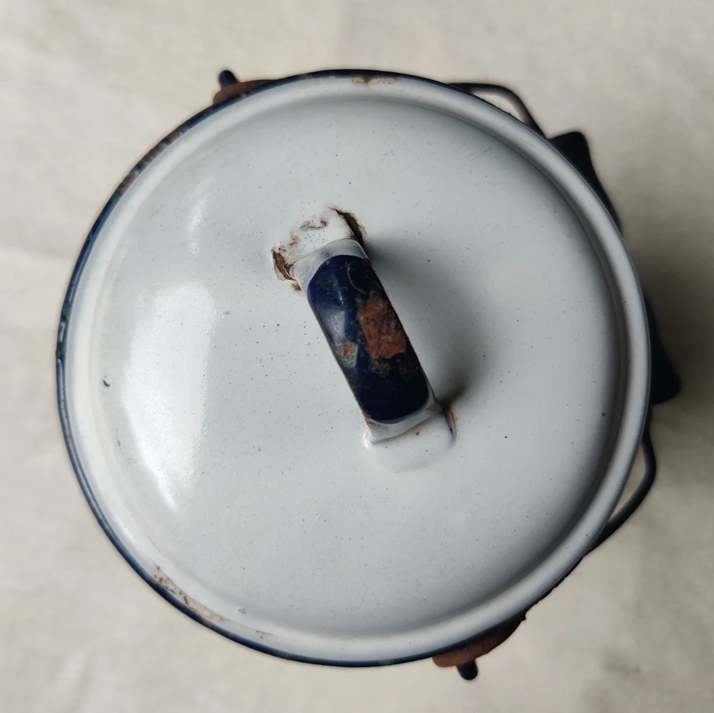 Vintage Antique White Enamelware Milk Canister Lid Wood Bail Handle 9